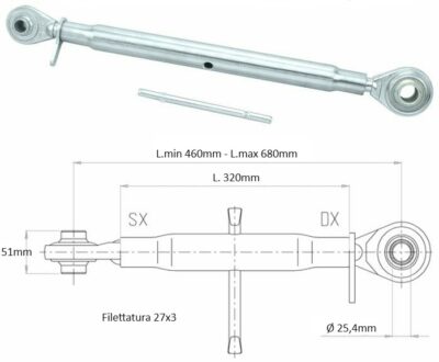 3° punto Cat2 Filetto 27x3 Lunghezza 460-680mm